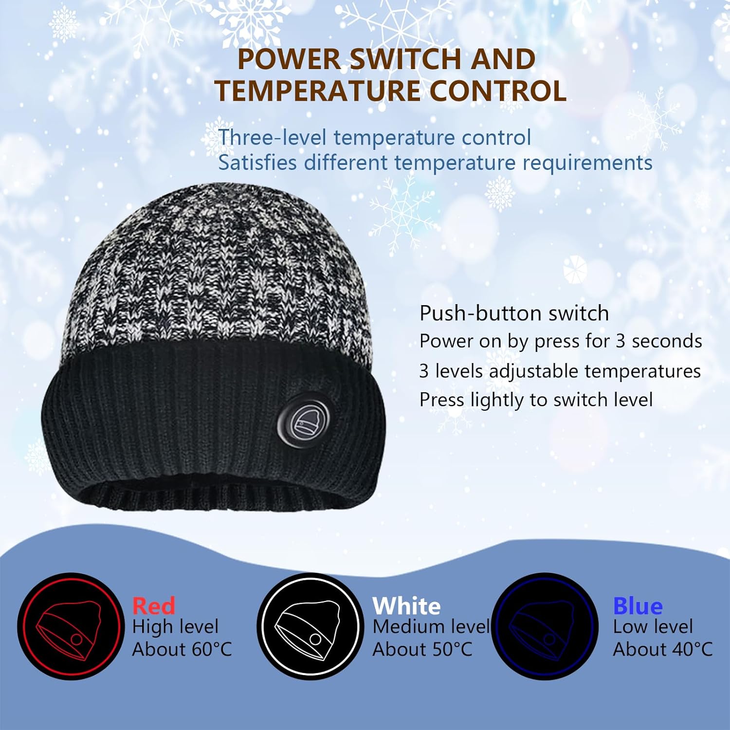 Heated Beanie Hat, Electric Warm Beanie Hat Cap,3 Temp Settings, 7.4V DC3.5mm Power Plug,Battery not Included, Fits Head Circumference 52-58cm, Washable,for Outdoor Cold Day Winter (JL-M70 Grey)