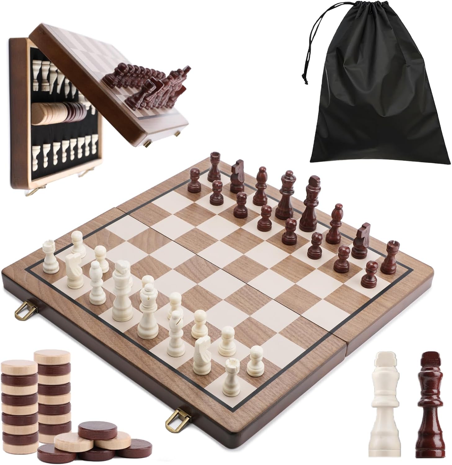 15 Inch Magnetic Wooden Chess Set with Folding Board and Chess Piece Storage Slot, Handmade Portable Travel Chess Game Sets for Kids Adults Beginner and Pros, Carry Bag, 2 Extra Queens