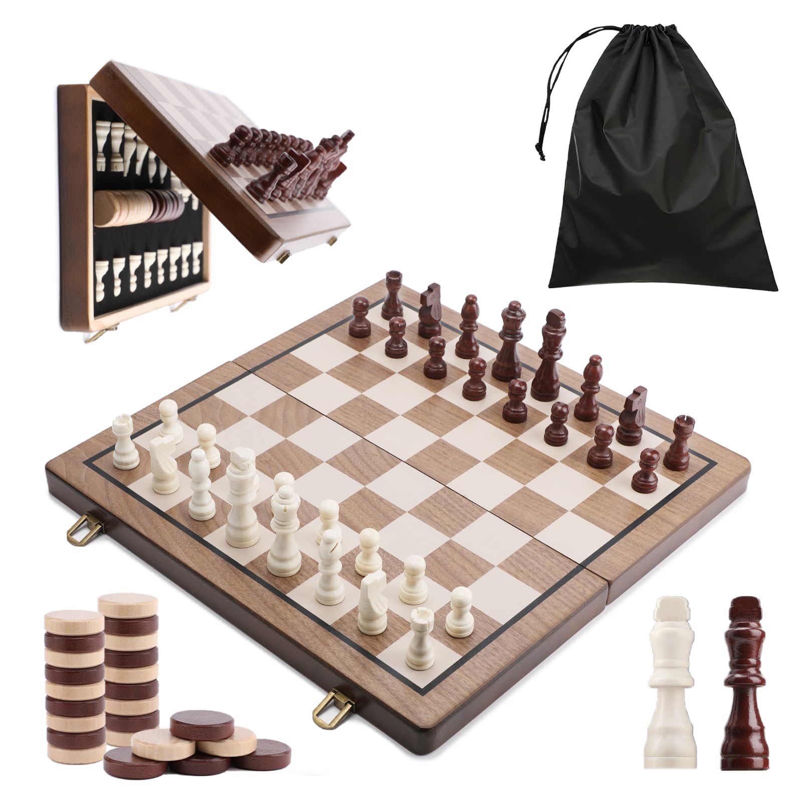 Jeu d'échecs magnétique en bois de 38,1 cm avec planche pliante et fente de rangement pour pièces d'échecs, ensemble de jeu d'échecs portable fait à la main pour enfants, adultes, débutants et