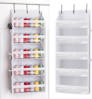 Tegeme 5-Tier Hanging Thread Holder with PVC Window & Side Pockets, Sewing and Embroidery Thread Organizer Over The Door Spools Cones Rack Rack Storage for Large Spools Serger Quilting(White)