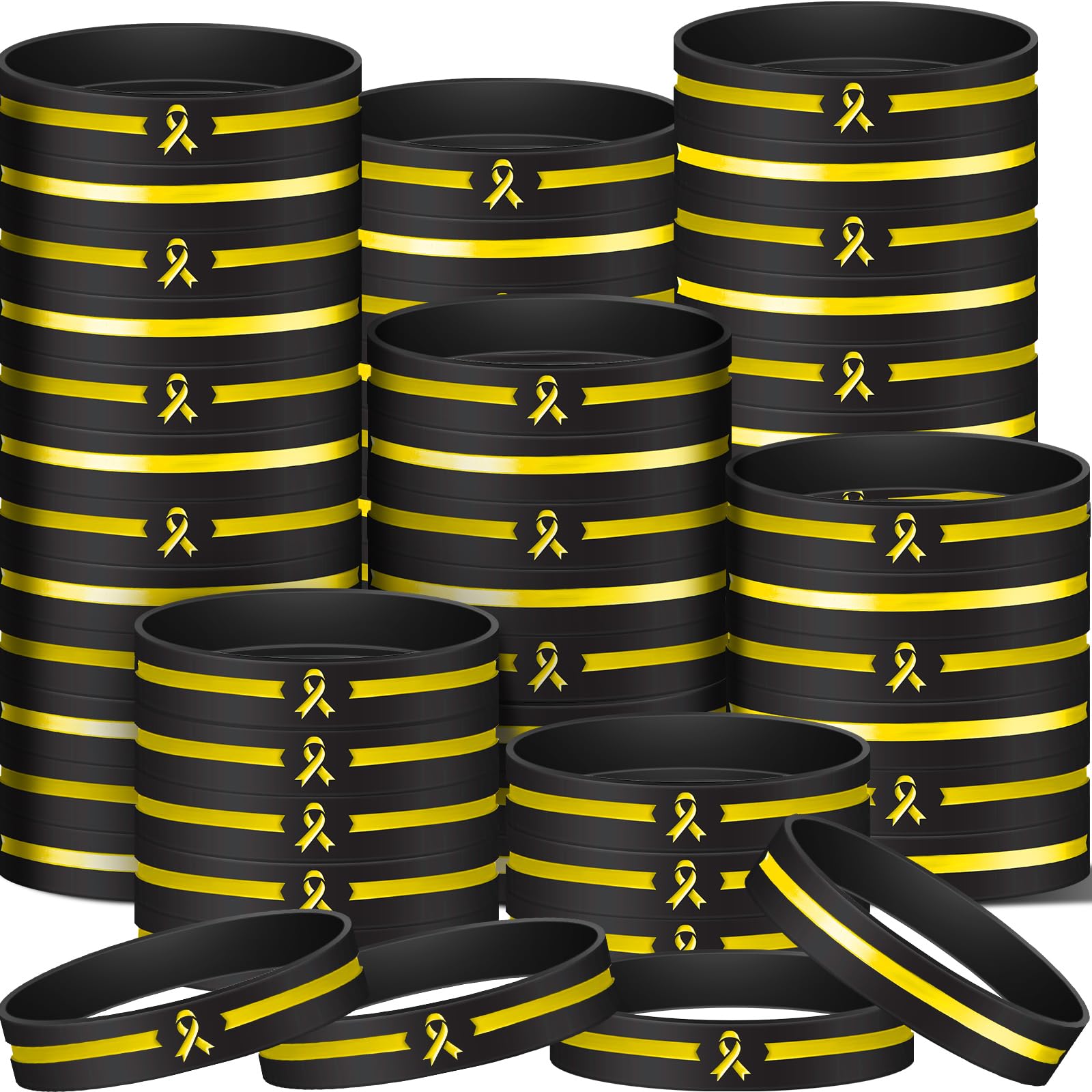 Hiboom 100 Pcs Yellow Ribbon Silicone Bracelet Childhood Cancer Endometriosis Bone Bladder Cancer Awareness Ribbon Rubber for Man Woman Public Charity Activities Supplies