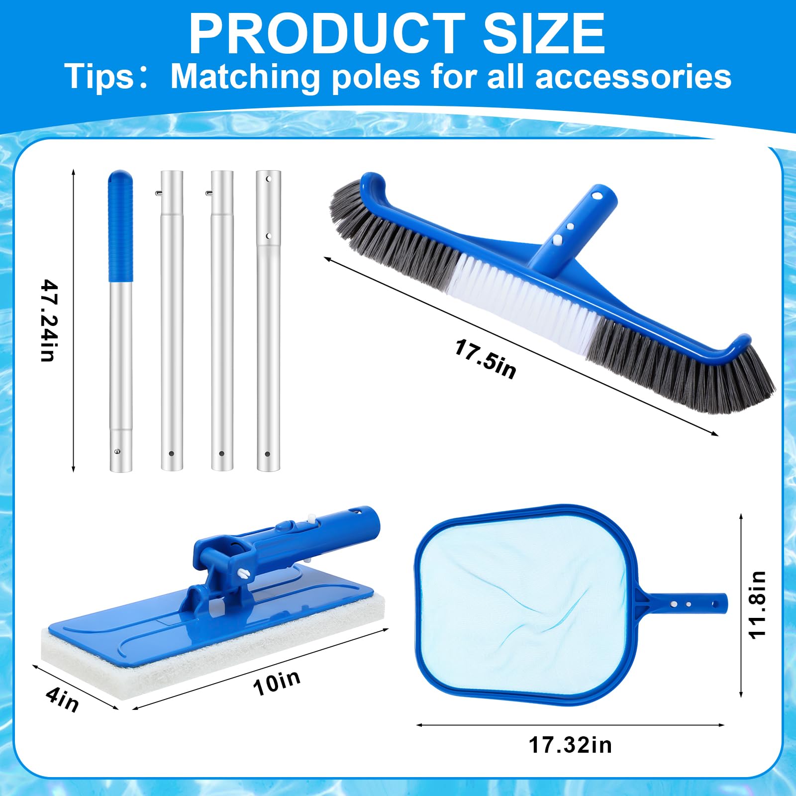 Tioncy Confezione da 4 kit di pulizia della piscina, con spazzola per la pulizia della piscina, spugna abrasiva, retino per foglie e pali per la pulizia della piscina gonfiabile, casa, spa, vasche