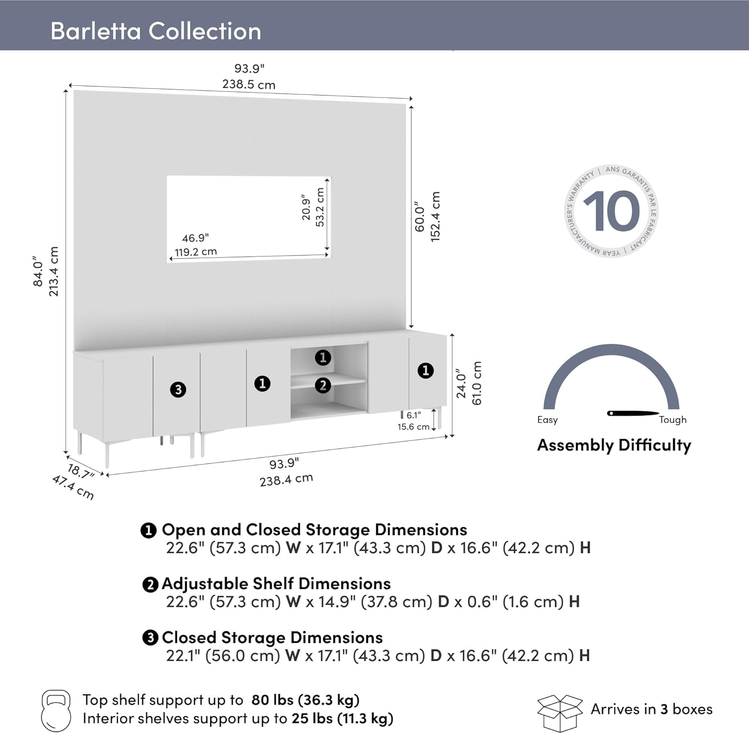 Bestar 94-inch Modular Entertainment Center with TV Stand, Storage Cabinet, and Large Wall Panel, Living Room Furniture, Barletta Collection, High Gloss Black/Urban Stone