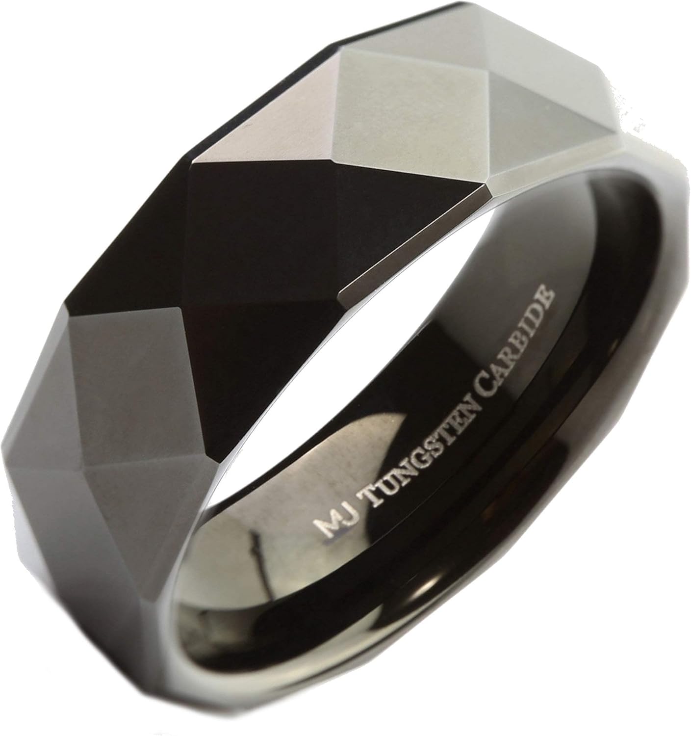 White Tungsten Carbide or Black Plated Tungsten Carbide Multi Faceted Wedding Band 6mm or 8mm Comfort Fit Ring
