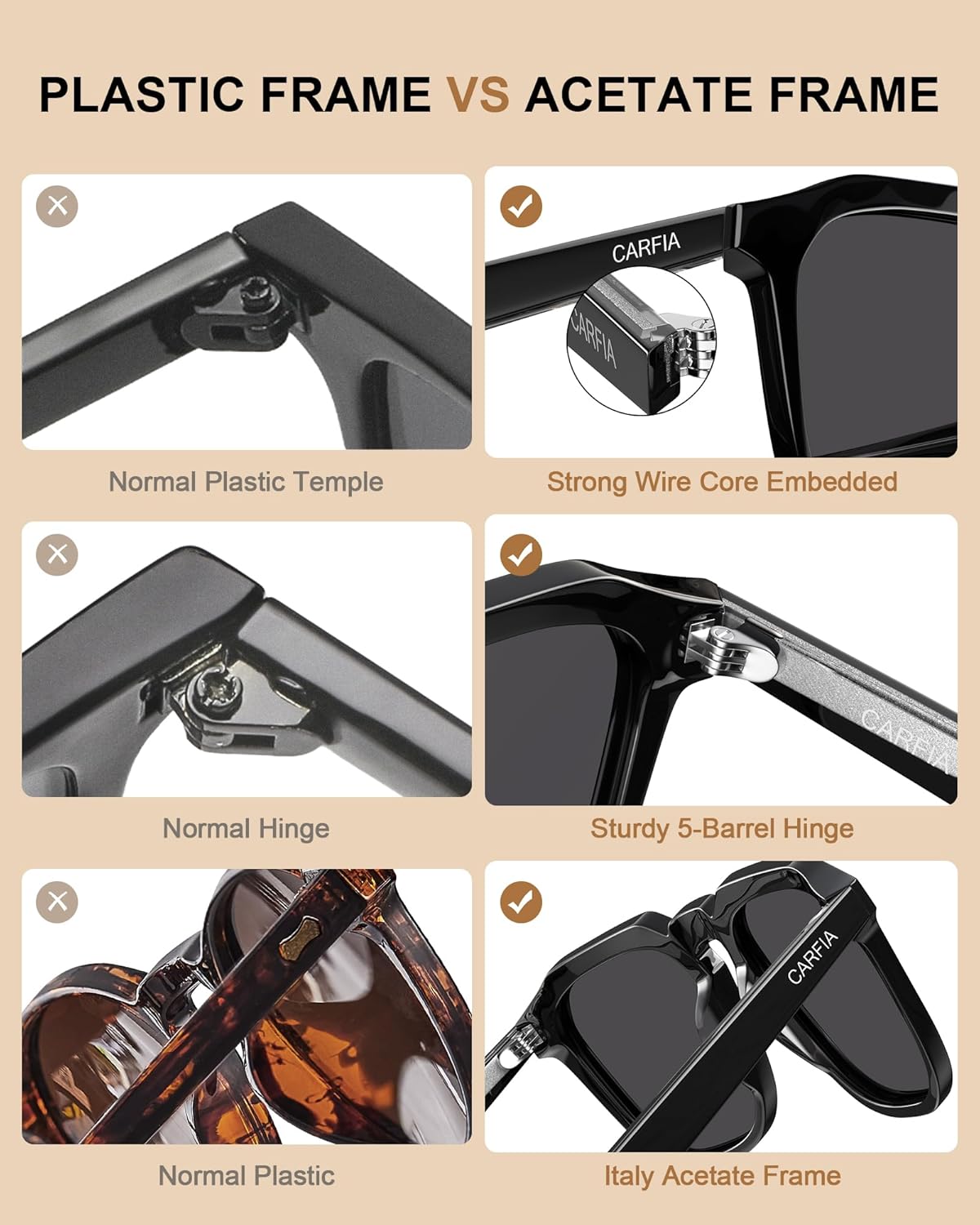 CARFIA Acetate Classic Square Polarized Sunglasses for Men Women UV400 Lenses Hand-crafted Frame Retro Outdoor Sun Glasses - Image 5