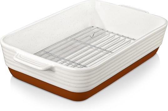 MALACASA Baking Dish with Rack, 4.8 Qt Ceramic Roasting Pan with Stainless Steel Drip Rack, 9x13 Inch Deep Casserole Dish with Handles, Oven Safe Lasagna Pan for Baking & Serving Khaki & White - Series Tara