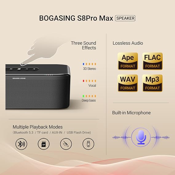 BOGASING S8 Pro Max Bluetooth Speaker, 3-Channel Audio with Lifelike Stereo Sound & Punchy Bass, EQ, DSP Technology, TF-Card, AUX, Built-in Mic, Wireless Portable Speakers for Home, Office (Black)