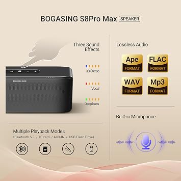 BOGASING S8 Pro Max Bluetooth Speaker, 3-Channel Audio with Lifelike Stereo Sound & Punchy Bass, EQ, DSP Technology, TF-Card, AUX, Built-in Mic, Wireless Portable Speakers for Home, Office (Black)