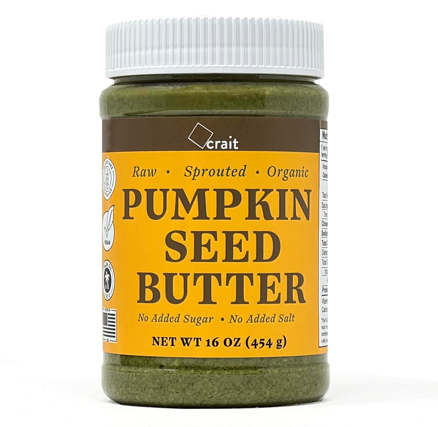 crait Organic Raw Sprouted Pumpkin Seed Butter, Single Ingredient, No Sugar, No Salt, Vegan, Palm-Oil Free, Gluten Free, Creamy Texture, Healthy Butter, Peanut Butter Alternative, Made in the USA (16 Ounce)