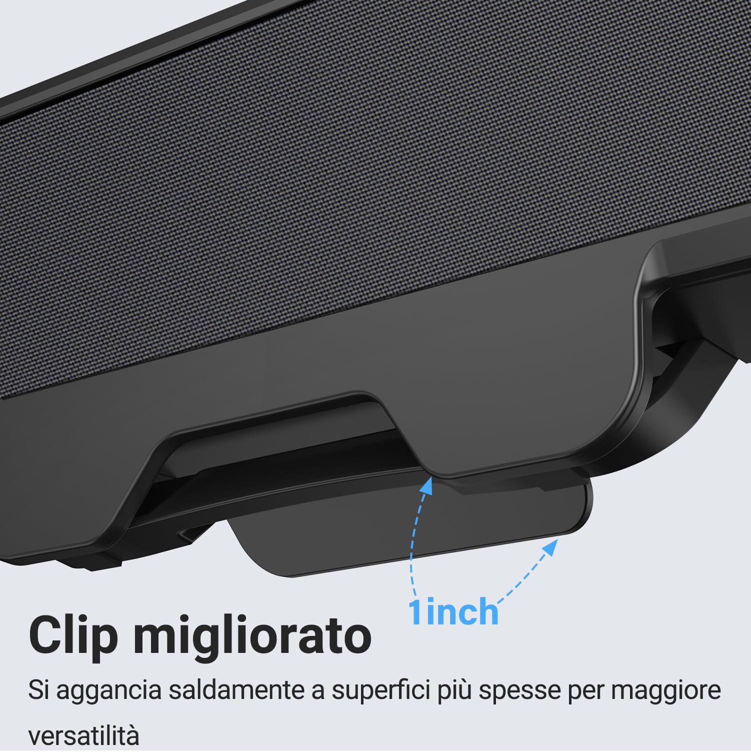 Inwa Cassa PC 10W, Altoparlante USB con clip, Audio stereo HD, Clip per monitor 0.1-1.1’, USB A/C per PC, Laptop, Desktop, Plug and Play (Nero, Tessuto acustico)