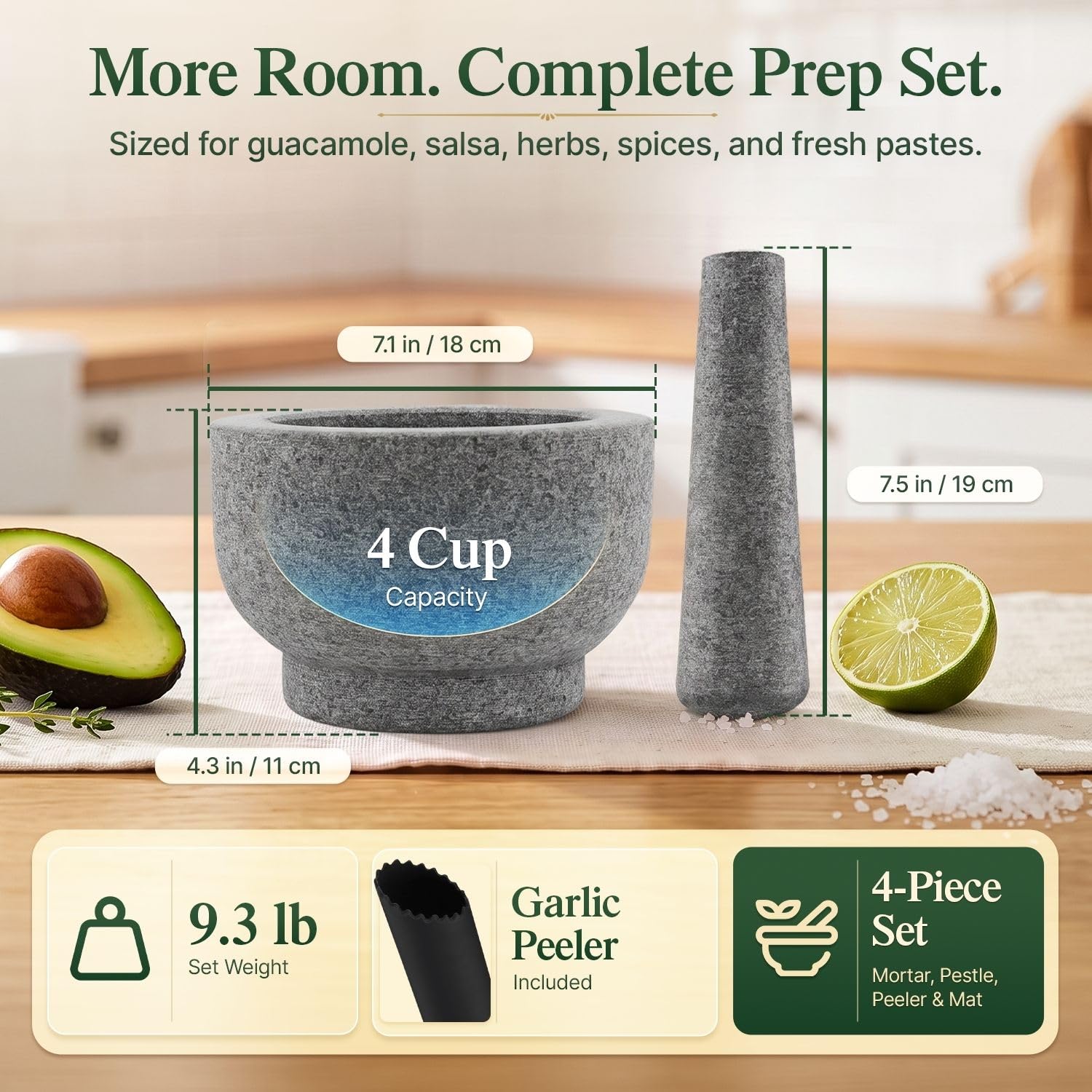 Flexzion Ensemble de mortier et pilon en granit 4 tasses avec éplucheur d'ail et tapis antidérapant pour guacamole, herbes, épices, salsa, gris
