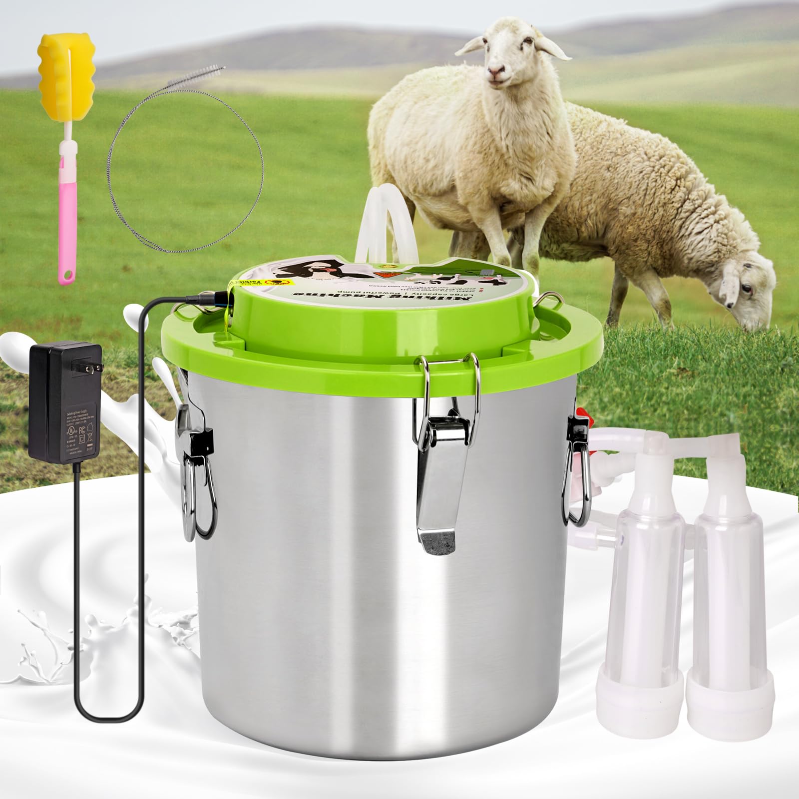 Mungitrice per capre, sistema di aspirazione a pulsazione da 8 l/12 l, con 2 tettarelle e spazzola, secchio in acciaio inox, aspirazione regolabile, design portatile ricaricabile
