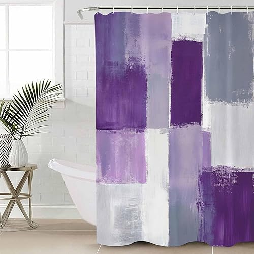 Miniatura 5 de Cortina de ducha de tela para baño, lavanda geométrica abstracta, juego de cortina de ducha personalizada con ganchos, cortinas de baño de lujo,