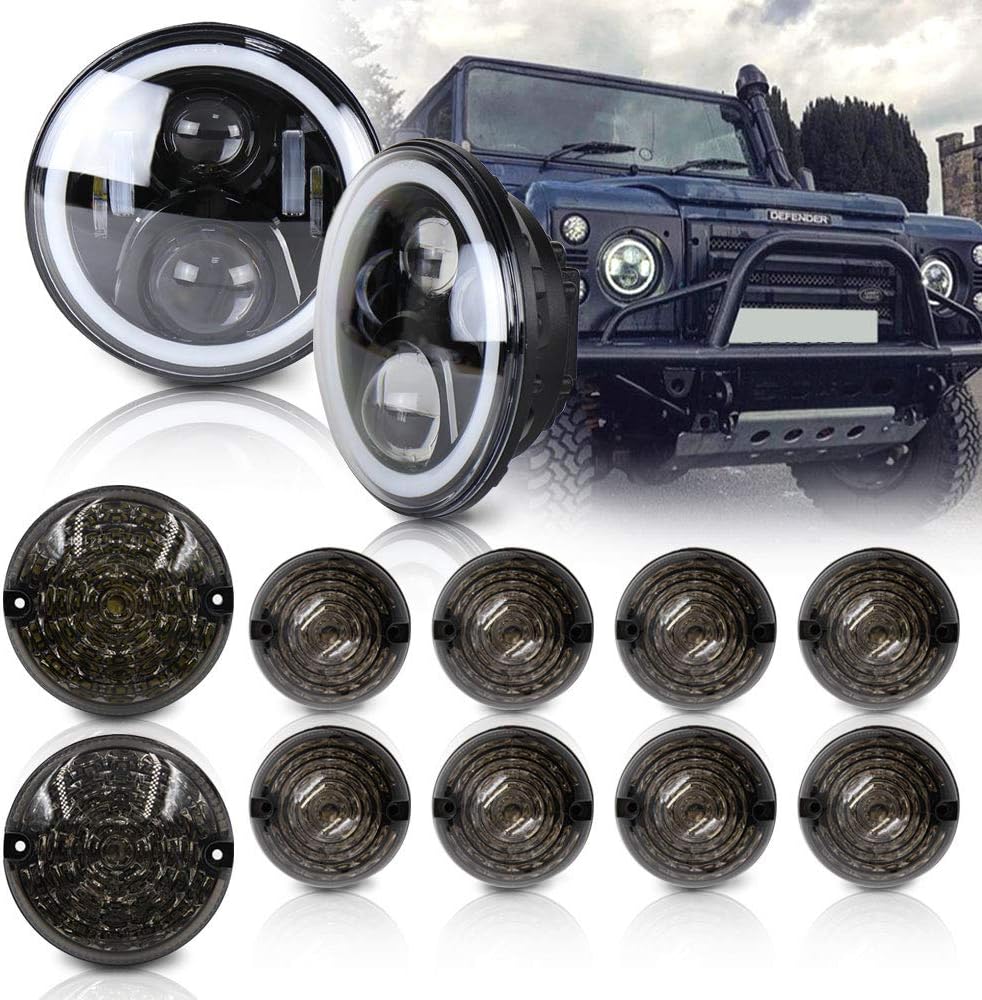 NSLUMO Defender Led 7inch Headlight With Halo Ring Light And 10pcs Front Rear 95MM LED Lamp Upgrate Light compatible with Defender 1990-2016 90/110 Smoked lens