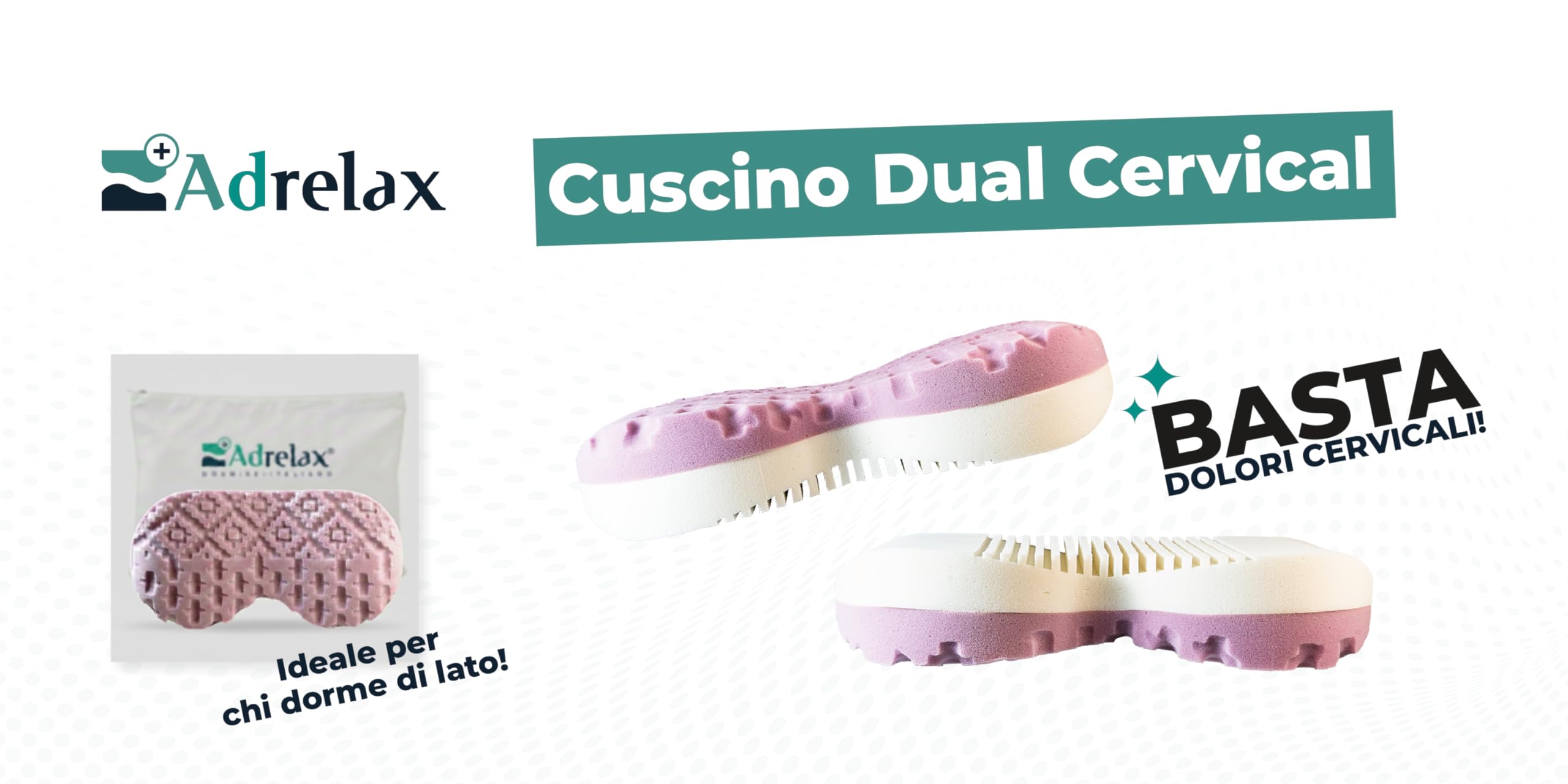 Cuscino Cervicale Ergonomico Traspirante per Chi Dorme sul Fianco AD Relax® Dual Cervical - Doppia Densità con Supporto per Spalla - Rivestimento Lavabile