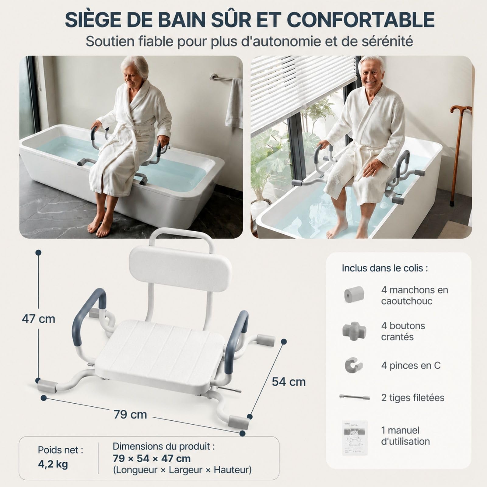 Siège de Baignoire pivotant, Banc de Transfert pour Baignoire avec Dossier et accoudoirs, Installation sur Baignoire, Chaise de Douche pour Salle de Bain