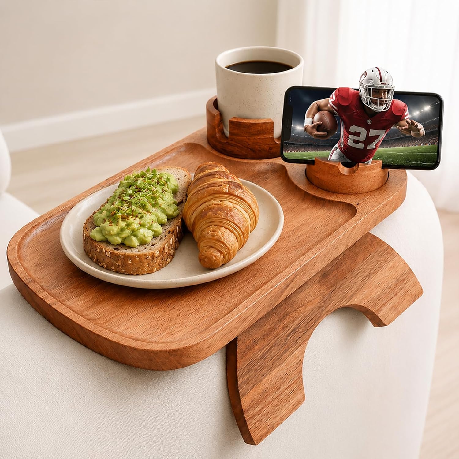 Couch Armrest Table,3-in-1 Clip On Acacia Wood Sofa Armrest Tray