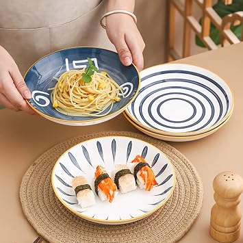 Ceramic Deep Dinner Plates Set of 4 Patterned,8 Inch Ceramic Dessert Plates,Salad Plates Set,Dinnerware Set for Pasta Bowls,Ramen Microwave & Dishwasher Safe