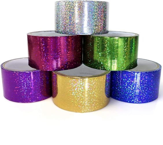 GiftExpress 6 Holographic Heavy-Duty Assorted Colored Duct Tapes, Sparkle Glitter Tapes for Christmas Holiday Packaging and Decor. Multi Purposes Bright Colors for DIY, Art Craft, 2" Roll by 5 yds