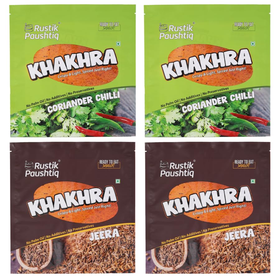 Image of RUSTIK PAUSHTIQ Baked Khakhra Combo - 200g x 4 Packets | 2 Jeera & 2 Coriander Chilli Flavours | Whole Wheat Crispy Snacks | No Palm Oil | Ready to Eat Tea Time Snack | 800g