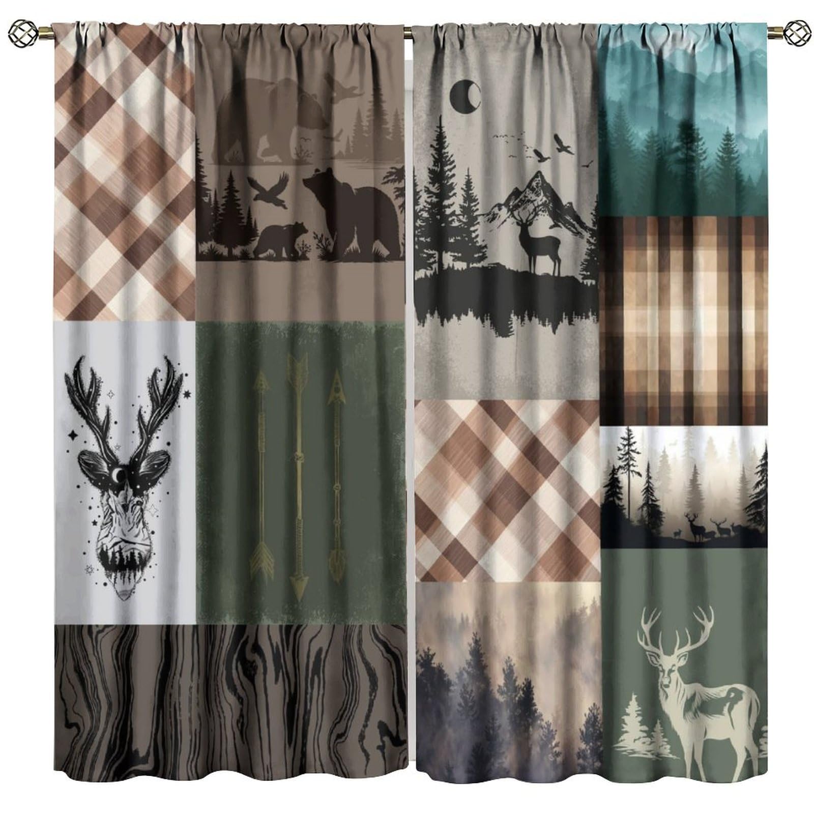 Retro Patchwork Curtains, Brown Green Rural Ethnic Silhouette Deer Bear Foggy Forest Plaid Tartan Wood Pattern Window Treatments, Rod Pocket Blackout Drapes For Living Room Bedroom Kitchen 42x45in