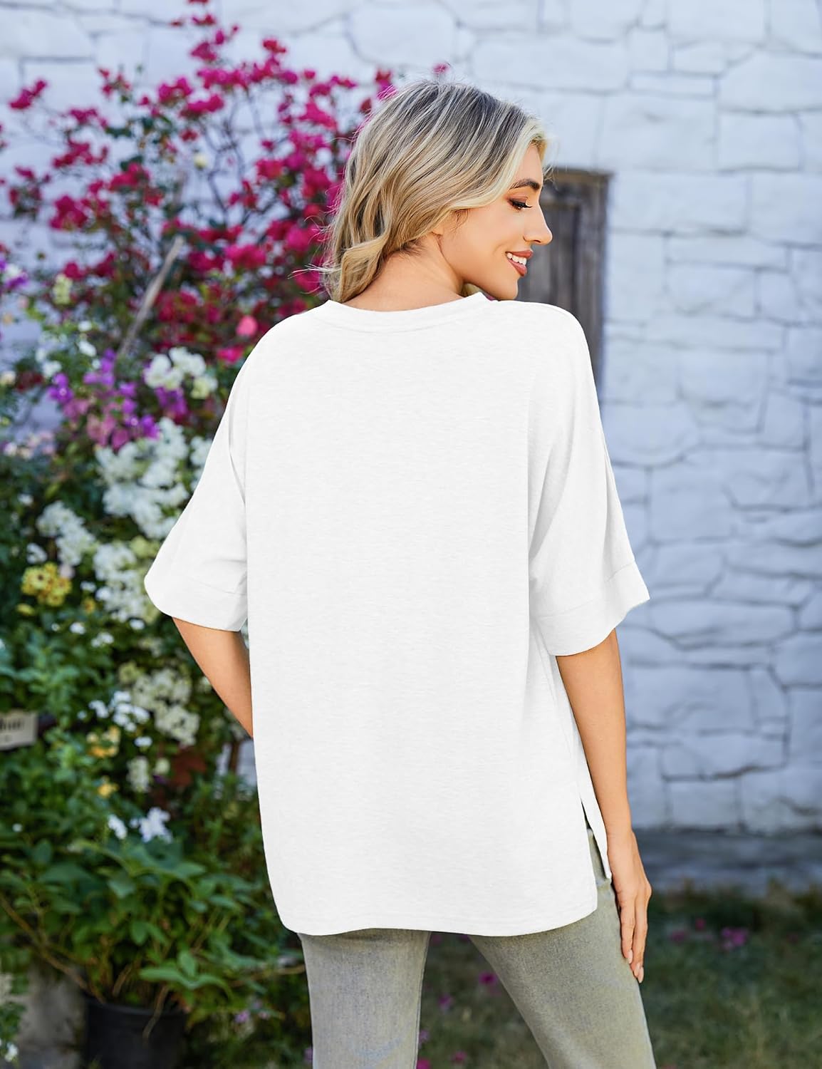 Totatuit Womens Oversized Tee Shirts Short Sleeve V Neck Blouse Side Slit Basic Tshirts Loose Fit Tunic Tops