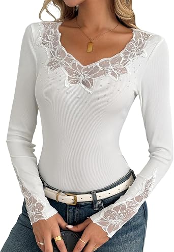 WomenS Rhinestone Sparkly Floral Lace T Shirt Long Sleeve Fitted Knit Top White L