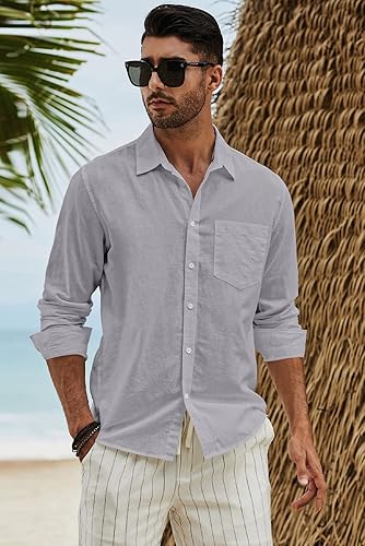 Miniatura 5 de JMIERR Camisa de vestir de manga larga con botones y lino de algodón para hombre