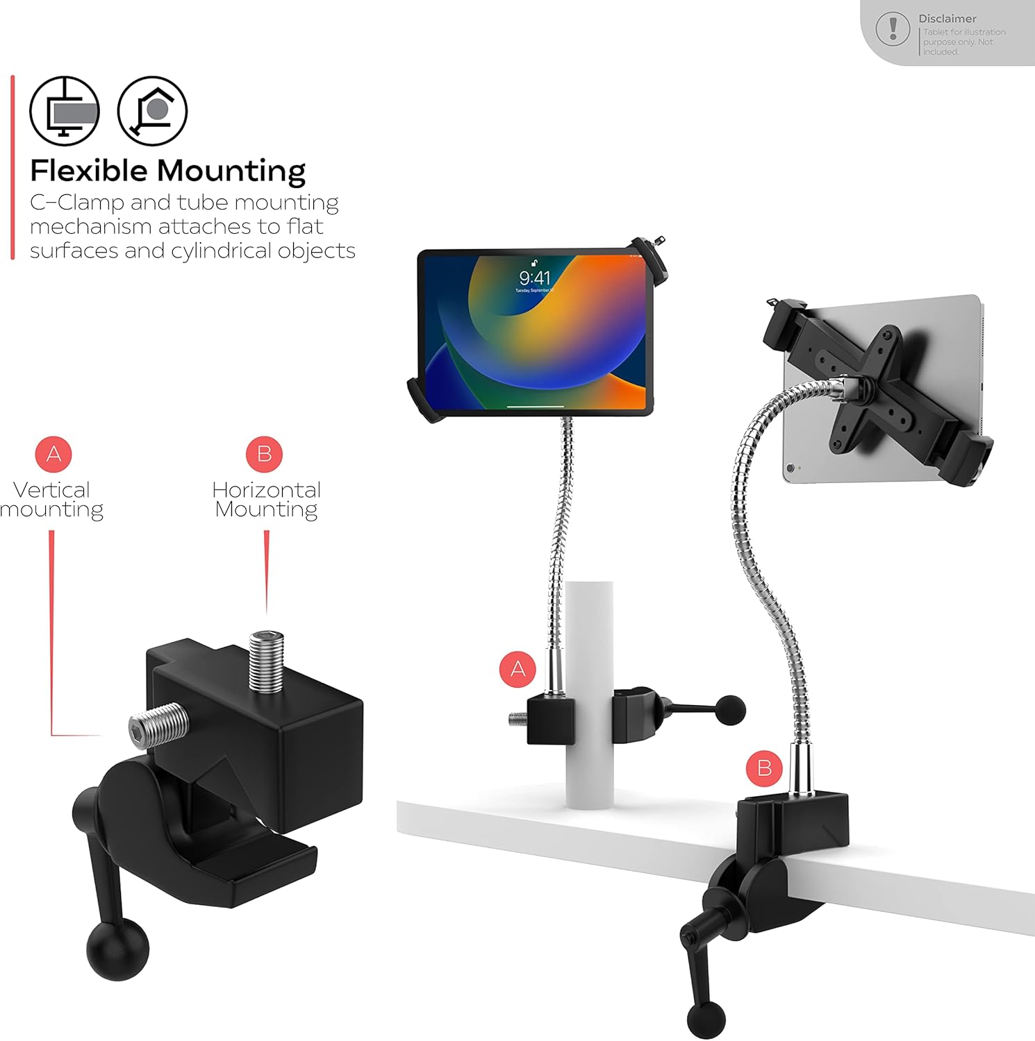 Tablet Gooseneck Desk Clamp Mount Holder – CTA Secure Anti-Theft Clamp Mount w/Universal Holder - iPad 10th Gen 10.9” - iPad 7/8 Gen 10.2” - Surface Pro 4 & 7.9 to 12.5” Tablets - Black - (PAD-HGTSB)
