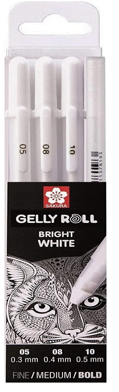 SAKURA Gelly Roll Blanco, 4 bolígrafos Bright White en estuche, Mix-Size 05/08/10/10.