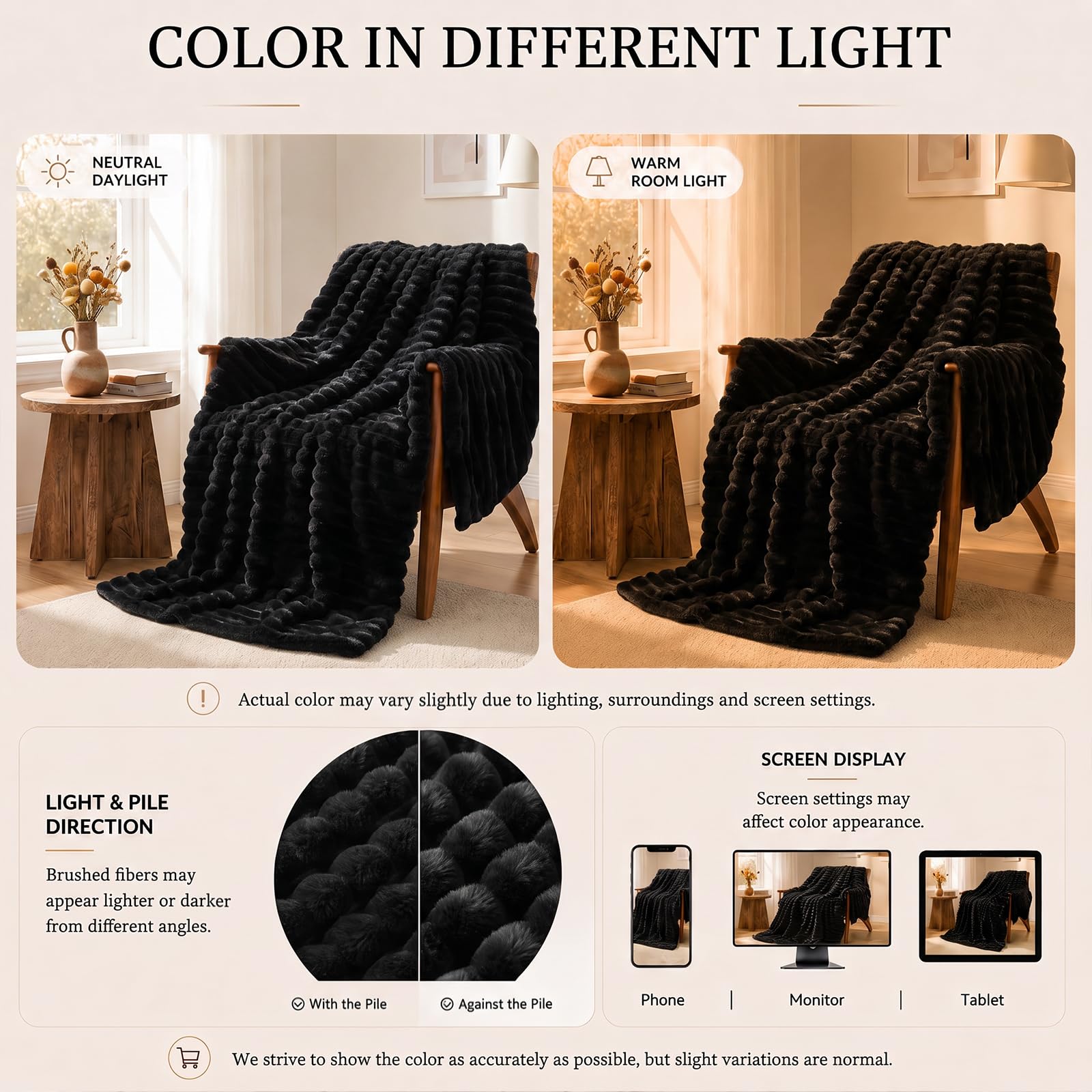 HIMEET Black Throw Blanket for Couch, 300GSM Ribbed Fleece, 50 x 60 Inches view 6