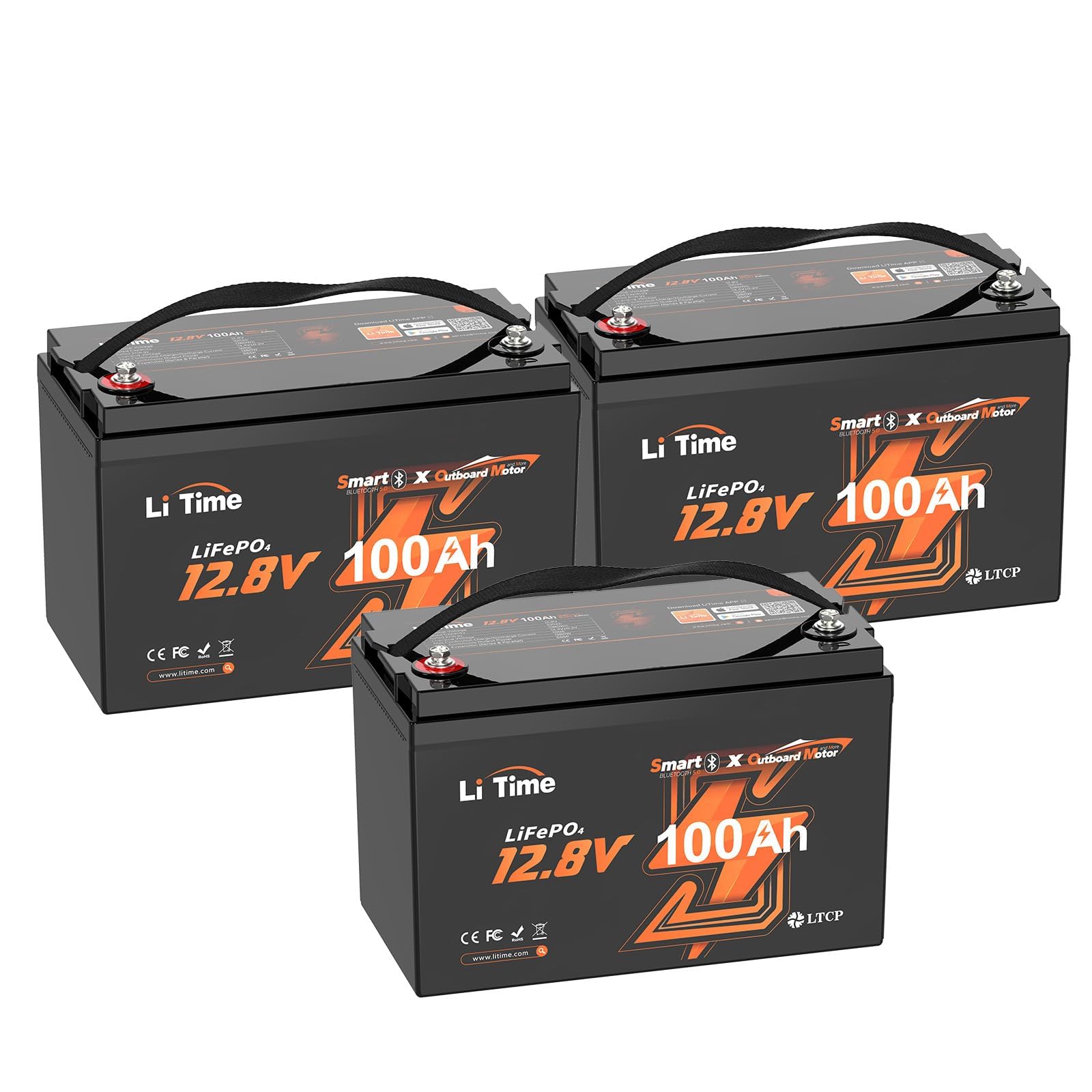 LiTime Batterie Lithium 12V 100Ah OBM avec Bluetooth pour Bateaux (3 Pcs)