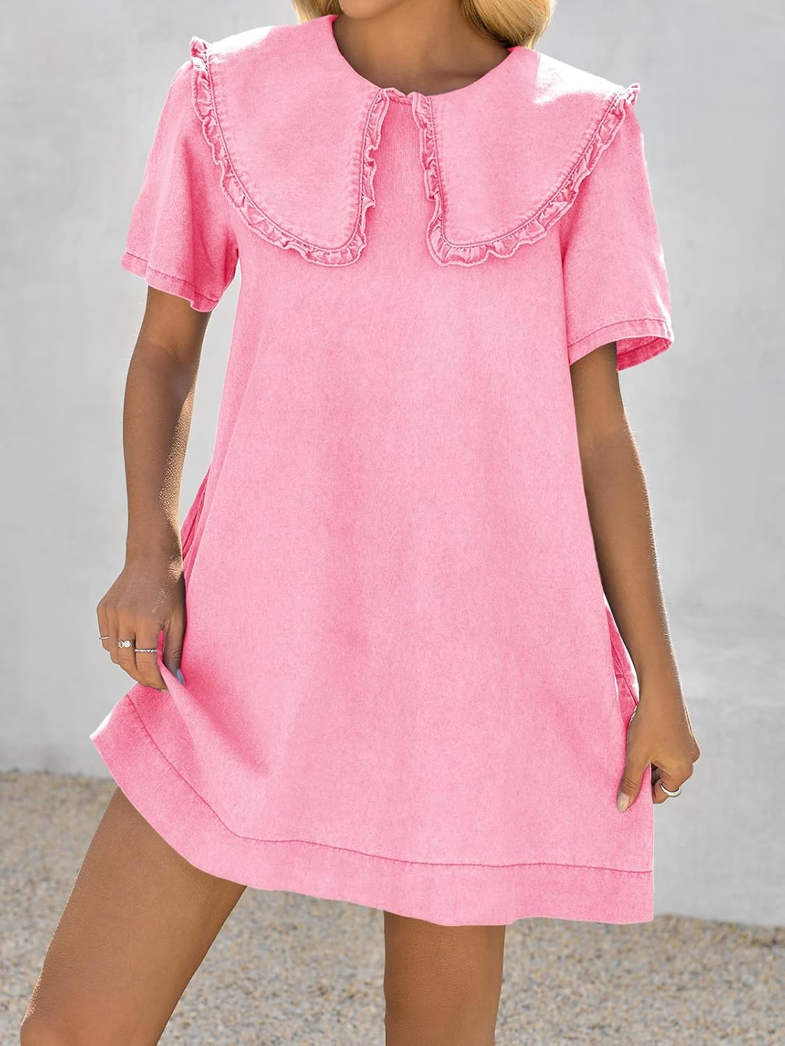 Wenrine Womens Summer Denim Mini Dress Oversized Peter Pan Collar Short Sleeve Casual Flowy Babydoll Jean Dresses - Image 3