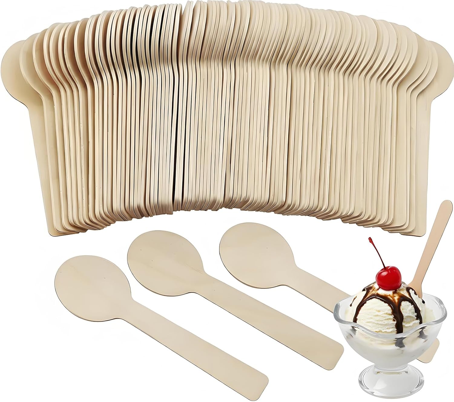 200 Pack 4 Inch Mini Wooden Spoons | Splinter-Free Birchwood Dessert Spoons for Ice Cream, Gelato Tastings, Parfaits & Crafts | Biodegradable