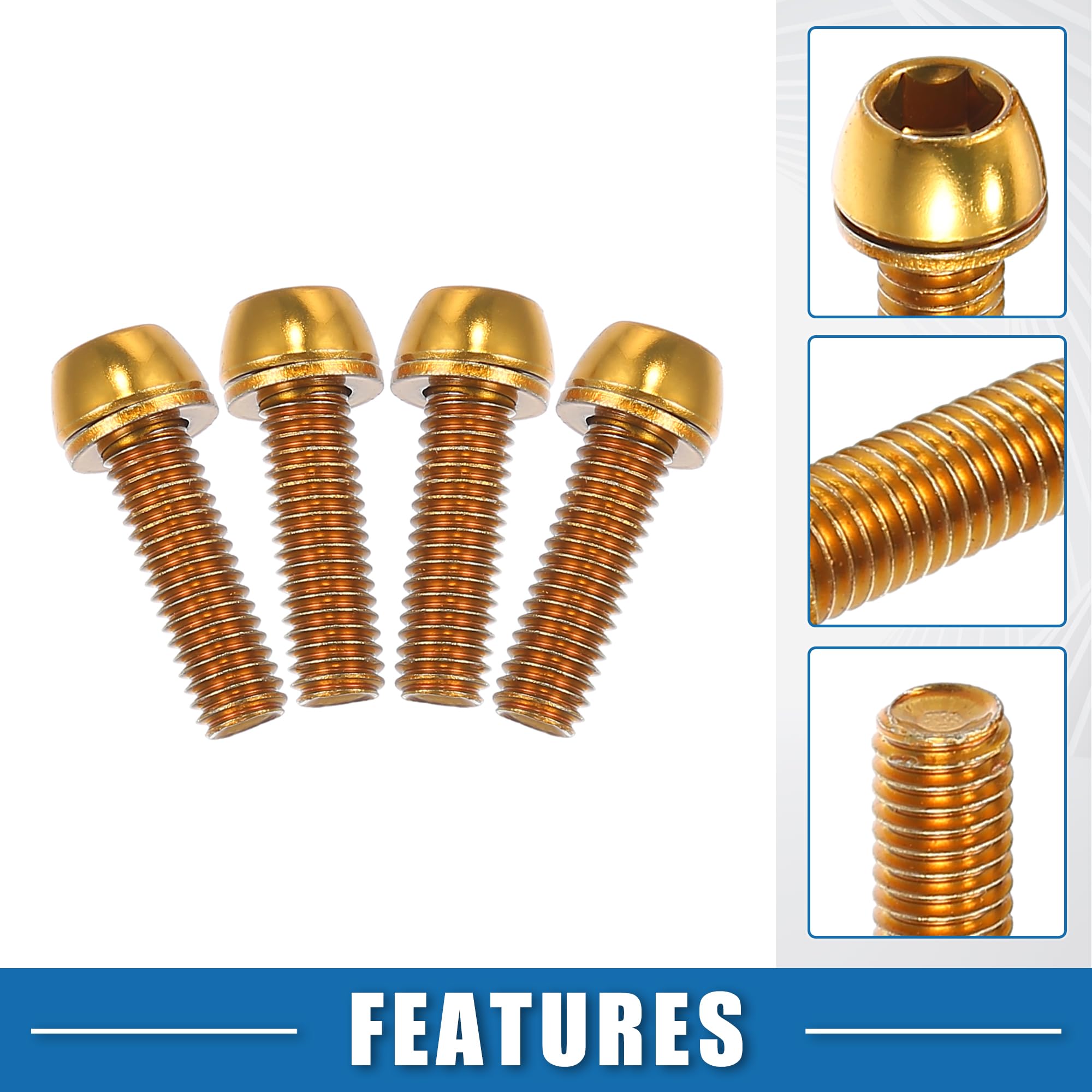 A ABSOPRO Tapered Bolts Screws for Bicycle Stem M6x20mm Gold Tone (Set of 10) - Image 3