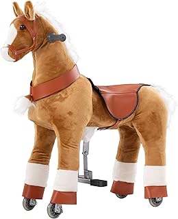 Ride on Horse Toys, 아동용 승마 말 장난감 4-9세용 장난감, 프리미엄 플러시 동물 장난감 바퀴 달린 걷는 말 (브라운, 길이 85cm(33.5인치) x 너비 30cm(11.8인치) x 높이 91cm(36인치)