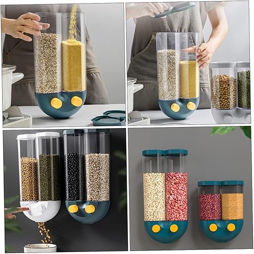 Miniatura 5 de Contenedor de grano montado en la pared para organización de cocina, control de botón para dispensación de cereales, diseño transparente para uso en