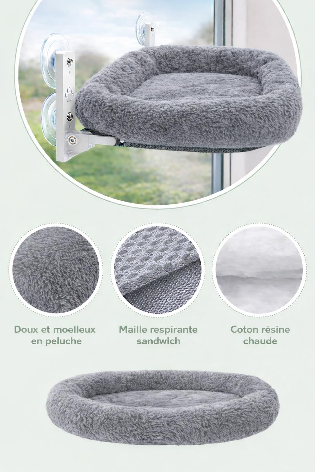 Hamac Chat Fenêtre avec Ventouses Renforcées – Lit Suspendu Réversible Été/Hiver – Perchoir Stable Jusqu’à 18 kg – Couchage Pliable en Hauteur – Taille L/XL – Blanc ou Gris (Gris, Large)