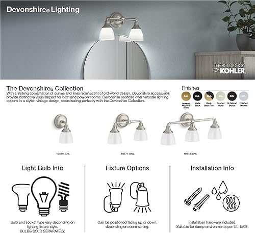 Miniatura 6 de KOHLER Devonshire - Lámpara de tocador de baño, aplique de pared, posición hacia arriba o hacia abajo, listado UL, 1 luz, negro con borde de latón,