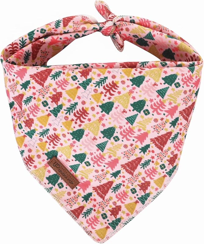 Bandana para Cães de Natal em Algodão com Árvores Cor-de-Rosa, Ajustável — UP URARA PUP, Tamanho S