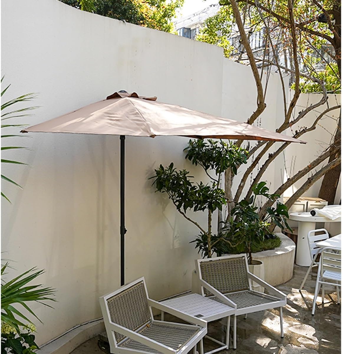 Half Rectangle Umbrella Outdoor Patio Half Umbrellas with Base for Balcony, Table, Garden, Deck, Porch, Rectangular Canopy 6ft/8ft, Height Adjustable