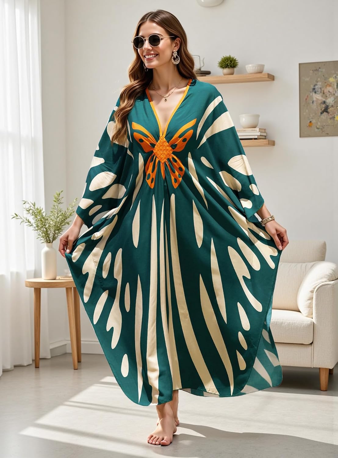 Women's Plus Size Kaftan Dress - Batwing Sleeve Long Beach Cover Up Maxi Dress Swimsuit Cover Loungewear - Image 3