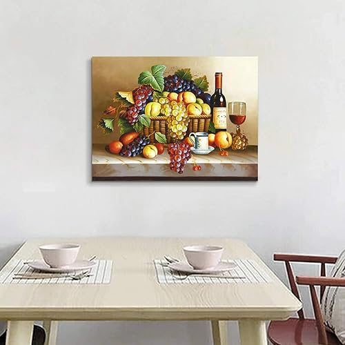 Miniatura 4 de Imágenes vintage de vino pintura al óleo sobre lienzo de vino tinto y frutas para comedor 24 pulgadas de ancho x 18 pulgadas de alto multicolor