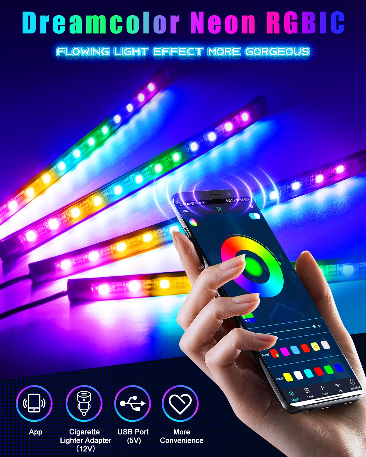 Samochodowe oświetlenie wewnętrzne LED, neonowe światła 12 V RGB, wewnętrzna listwa oświetleniowa, listwa świetlna na nogi, USB ze sterowaniem za pomocą aplikacji, pod deską rozdzielczą, światło
