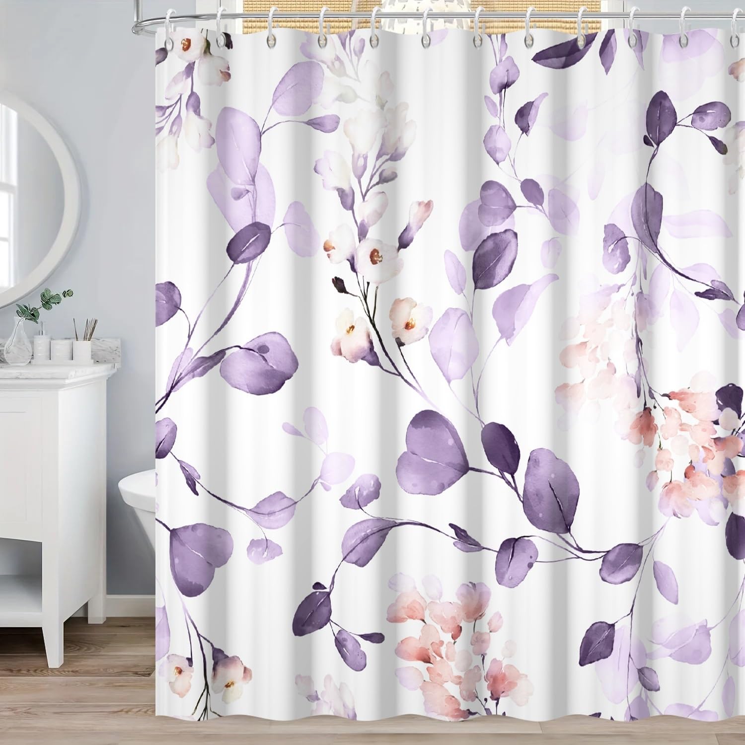 Purple Eucalyptus Shower Curtain, Watercolor Lavender and Pink Floral Shower Curtain Set with Hooks Waterproof Spring Botanical Bathroom Decor, 72x84 Inch