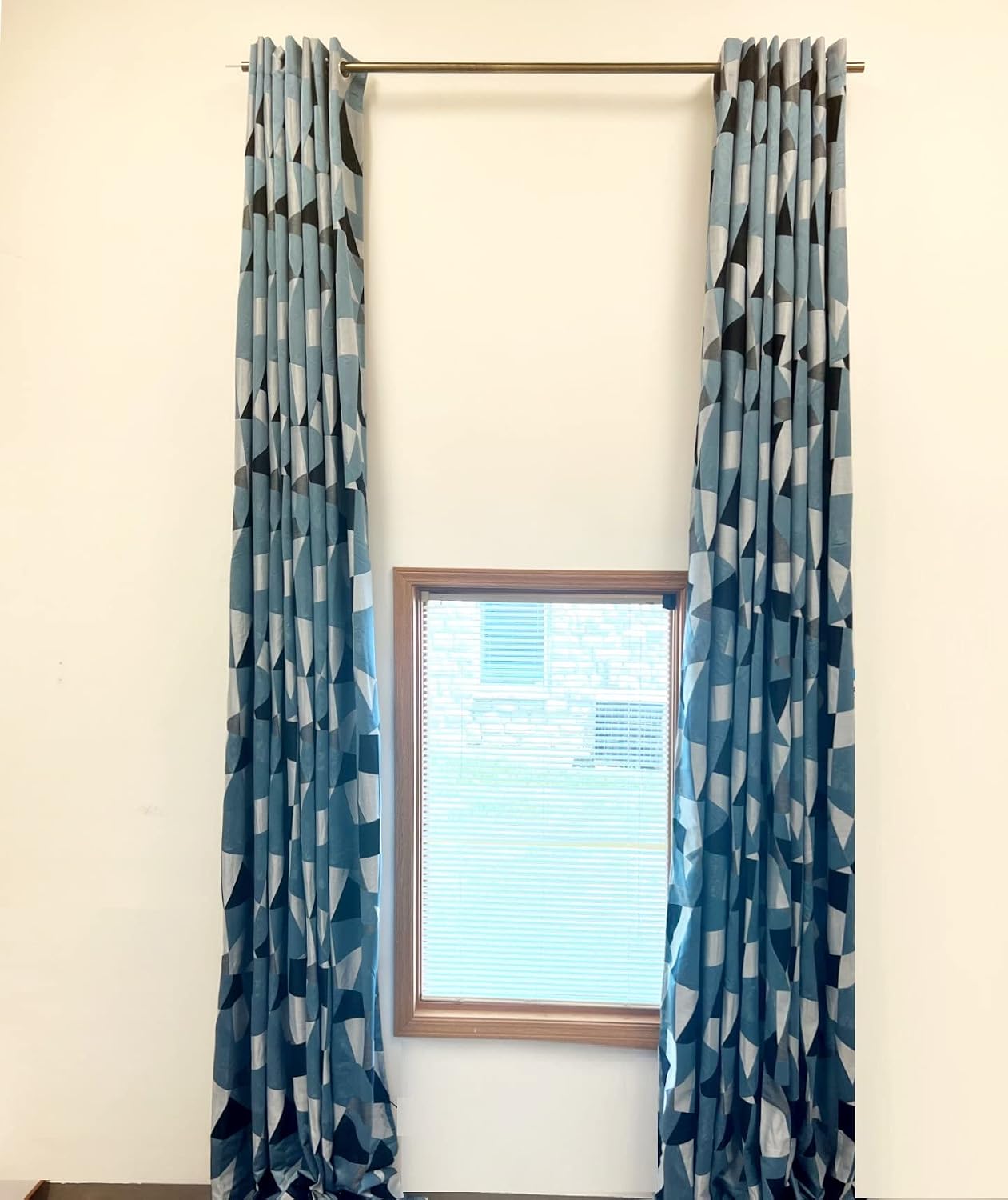 Ikiriska Extra Long Curtains with Geometrical Pattern 8-24 ft Length. (1 Panel). Custom Made Drapes. 50-100" Width. for high Tall Ceiling (50″Wx132″L, Geometrical Black/Blue/Grey)