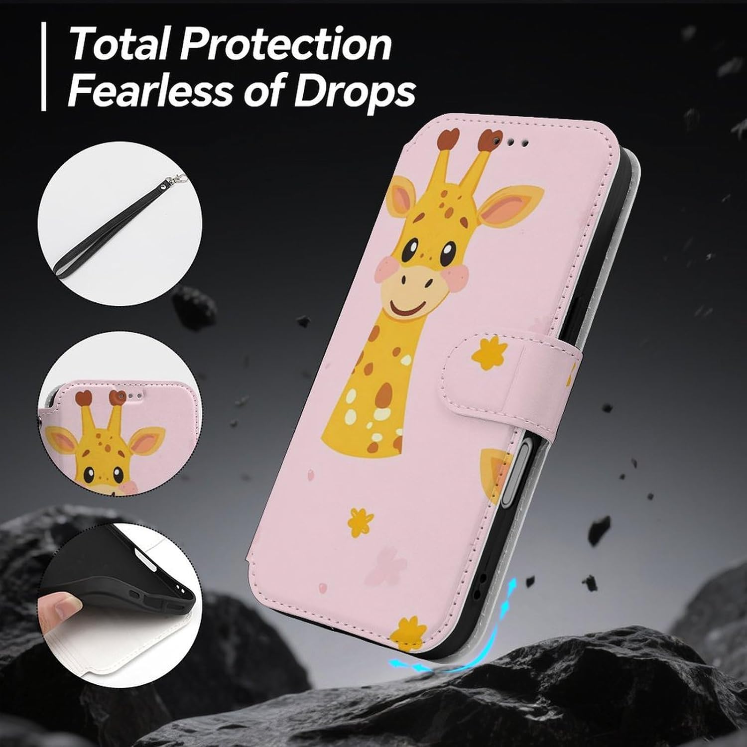 Cute Giraffe Compatible with iPhone 16/16 Plus/16 Pro/16 Pro Max/16 E Case Phone Wallet Card Holder Flip Cover with Wrist Strap