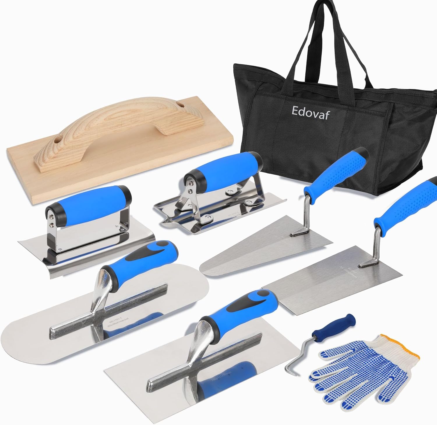 10pcs Concrete Trowel Tool Set,Professional Masonry Hand Tool Kit Includes Finishing Trowel,Pool Trowel,Wood Float,Gauging Trowel,Concrete Edger, Groover,Wire Twister Tool, Gloves and Tool Bag
