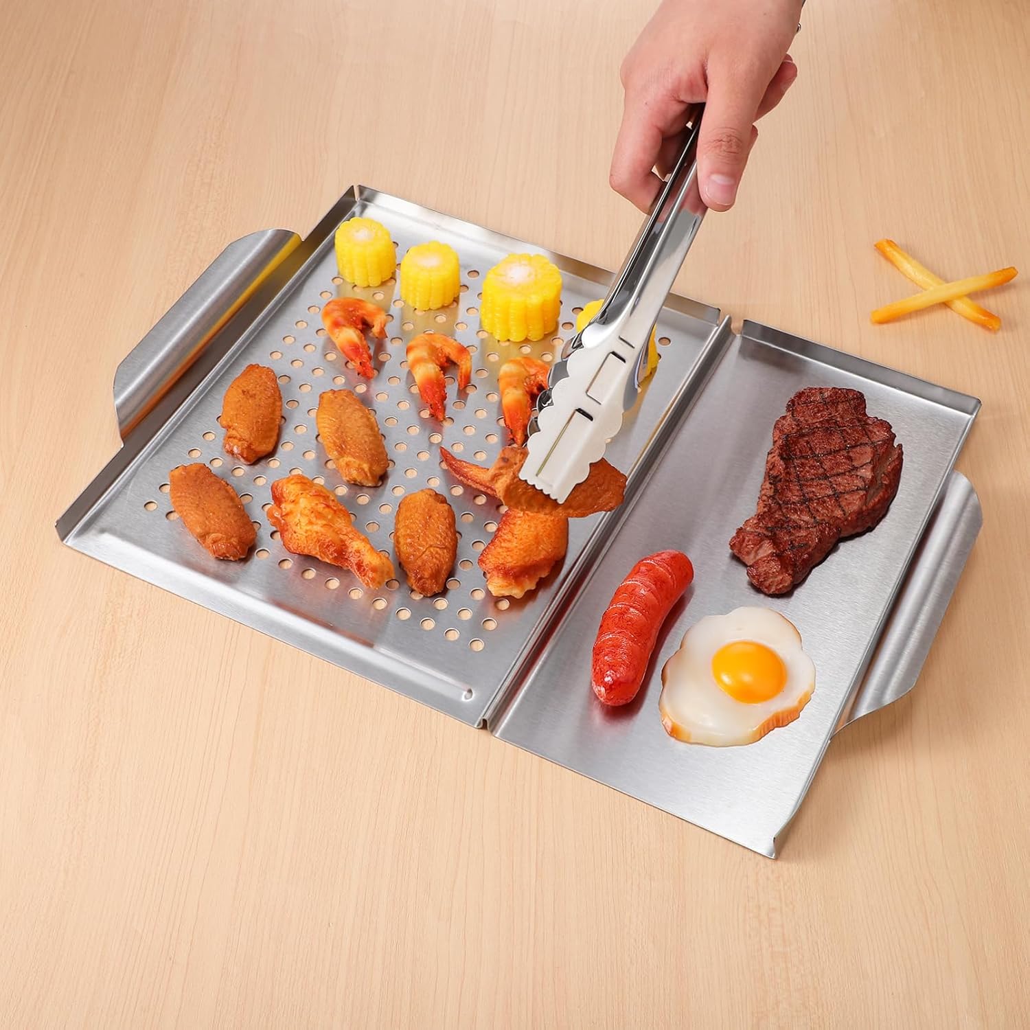 VOSAREA 1Set Stainless Steel Grill Tray with Food Tong BBQ Pan for Outdoor Grilling for Meat Vegetables and Seafood Easy to Clean Heavy Duty Grill Accessories