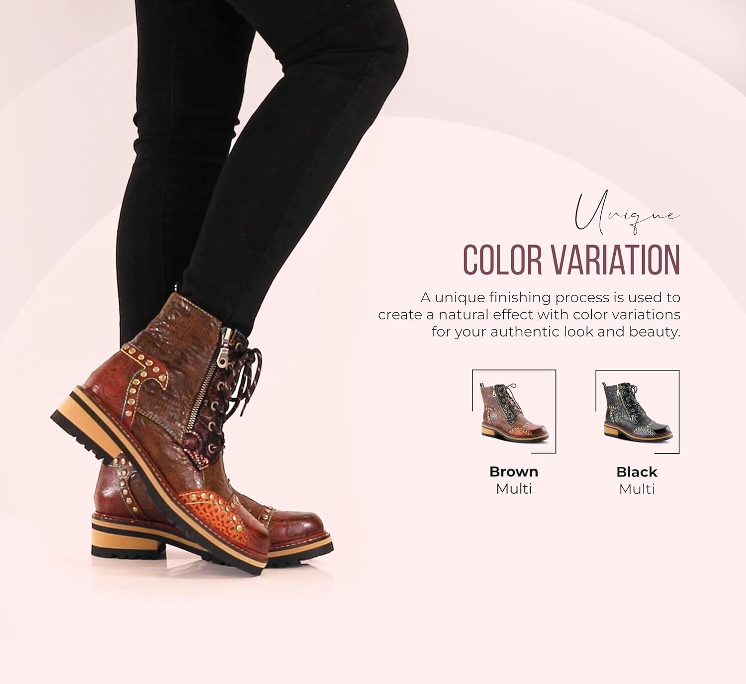 L'Artiste Rugup Leather Combination Booties for Women | Low Heel Ankle Boots for Women with Lace Up and Zipper Closure and Faux Fur Lining